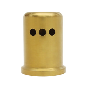 A gold-colored brass air gap cap for a kitchen dishwasher with three holes on the front.