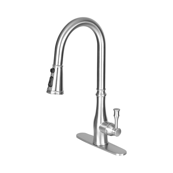 Kitchen Stainless Sink Faucet with Pull Down Sprayer, Single Handle, Single Hole Mount, Extendable Sprayer Head, Modern Design