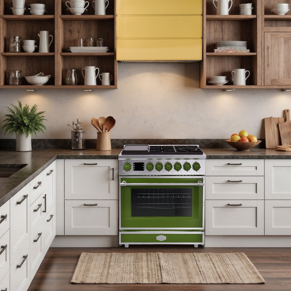 Luchar 36" Professional Custom Style Gas Range with 5.2 Cu. Ft. Oven, 6 Burners, Convection Fan, Cast Iron Grates, Clock and Timer