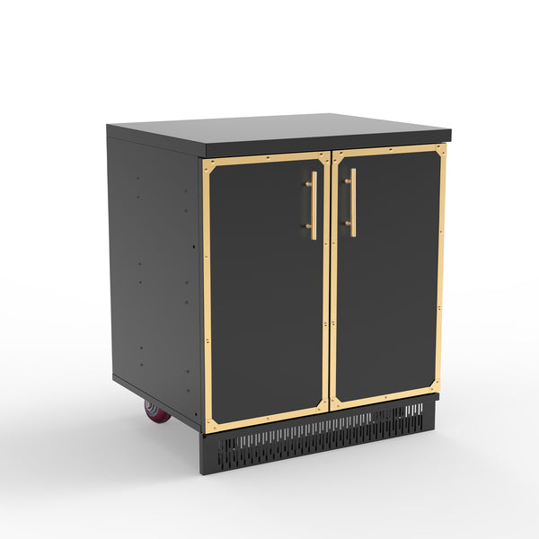 A black stainless steel 2-door cabinet with gold trim and red caster wheels.