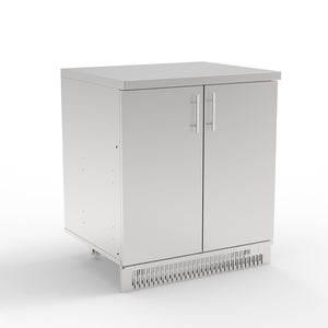 A white stainless steel 2-door cabinet with a solid pattern, commonly used for outdoor kitchen storage.