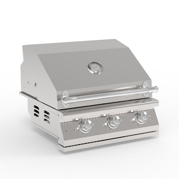 An outdoor kitchen stainless steel grill with multiple burners, shown in a closed position.