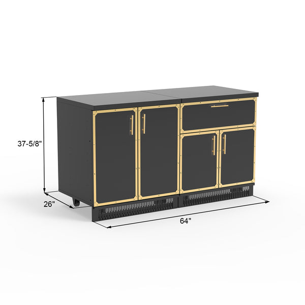 A set of two stainless steel outdoor kitchen cabinets with a black finish, including a two-door cabinet and a cabinet with one drawer and two doors.