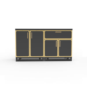 A set of two stainless steel outdoor kitchen cabinets with a black finish, including a two-door cabinet and a cabinet with one drawer and two doors.