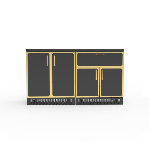 A set of two stainless steel outdoor kitchen cabinets with a black finish, including a two-door cabinet and a cabinet with one drawer and two doors.