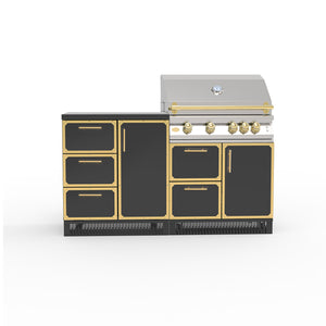 A 3-piece outdoor kitchen cabinet set with a grill on the right side, featuring a black stainless steel frame with gold accents, multiple drawers, and a closed door.