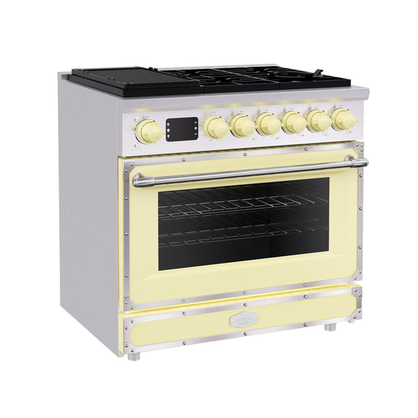 Luchar 36" Professional Custom Style Gas Range with 5.2 Cu. Ft. Oven, 6 Burners, Convection Fan, Cast Iron Grates, Clock and Timer