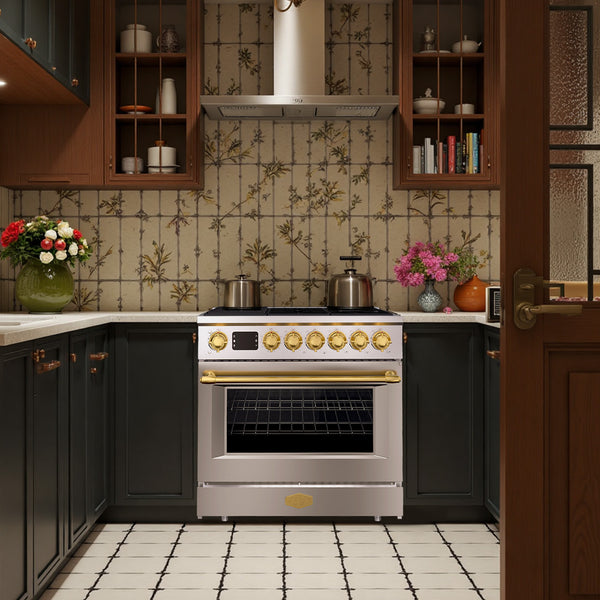 Modern kitchen with stainless steel oven, floral decorations, and patterned wallpaper.