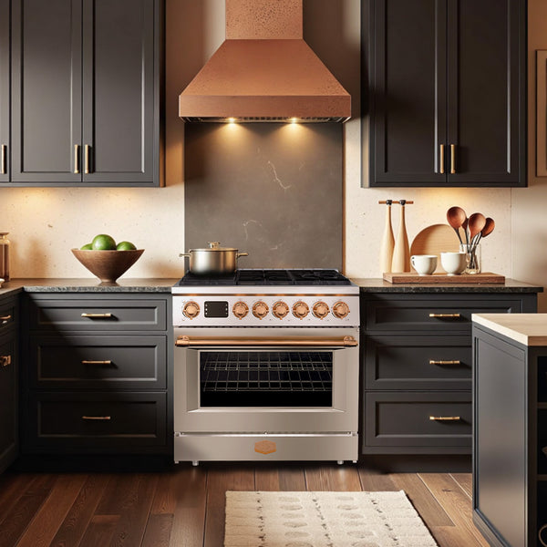 Modern kitchen with stainless steel oven, black cabinets, and copper hood.