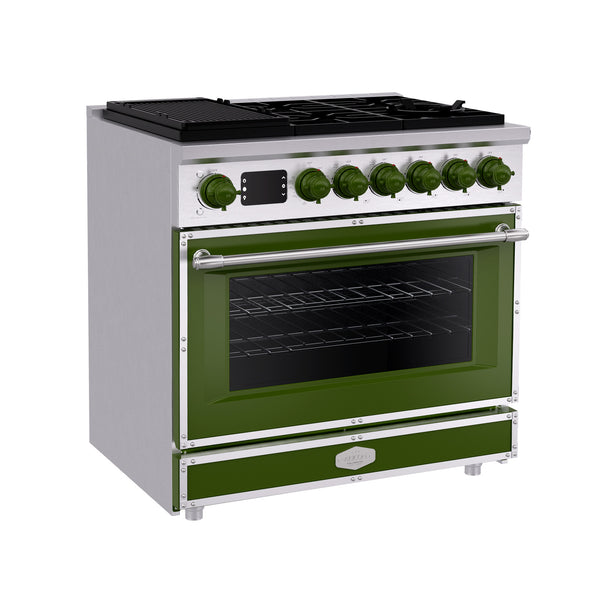 Luchar 36" Professional Custom Style Gas Range with 5.2 Cu. Ft. Oven, 6 Burners, Convection Fan, Cast Iron Grates, Clock and Timer