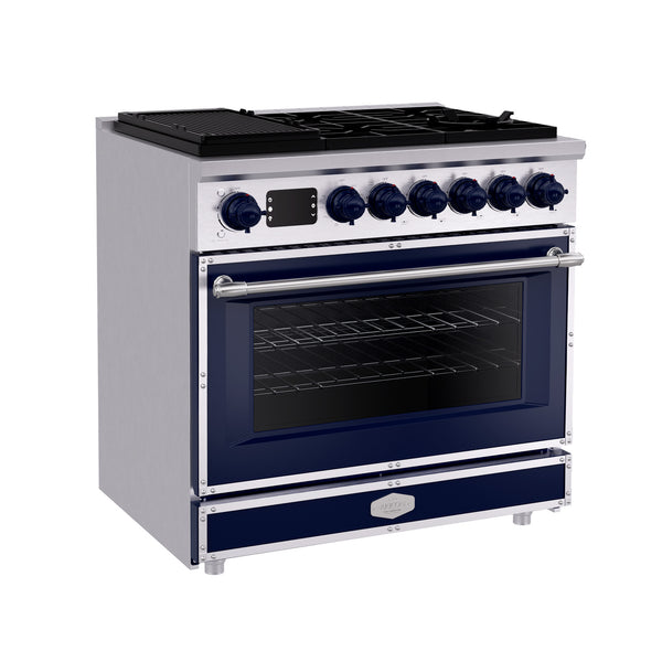 Luchar 36" Professional Custom Style Gas Range with 5.2 Cu. Ft. Oven, 6 Burners, Convection Fan, Cast Iron Grates, Clock and Timer