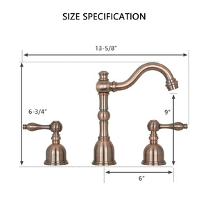 A polished copper finish, widespread two-handle bathroom with a high arch faucet spout and two lever handles.