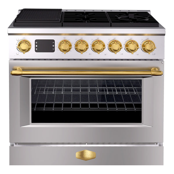 Stainless steel and gold stove with a white background