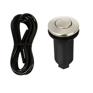 A brushed nickel garbage disposal air switch with a brass button and an included air hose.