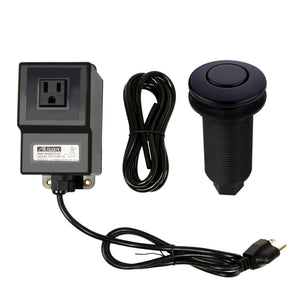 A matte black garbage disposal kitchen air switch kit, including a brass button, a power outlet, and a black cable.