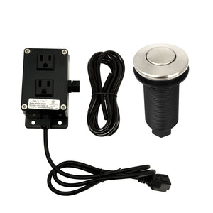 The image shows a brushed nickel garbage disposal air switch kit, including a power module, air tube, and push button.
