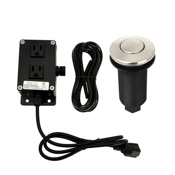 The image shows a brushed nickel garbage disposal air switch kit, including a power module, air tube, and push button.