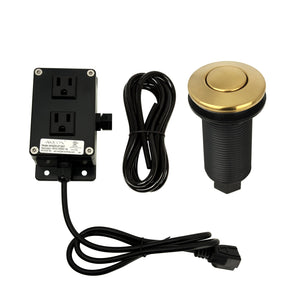 A brushed gold garbage disposal kitchen air switch kit with a dual outlet power module, a black power cable, and a gold-colored push button.