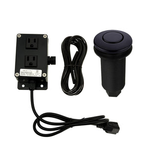 A garbage disposal air switch kit in matte black, including a dual outlet power module, a 3-prong power cable, a black push button, and two tubes.