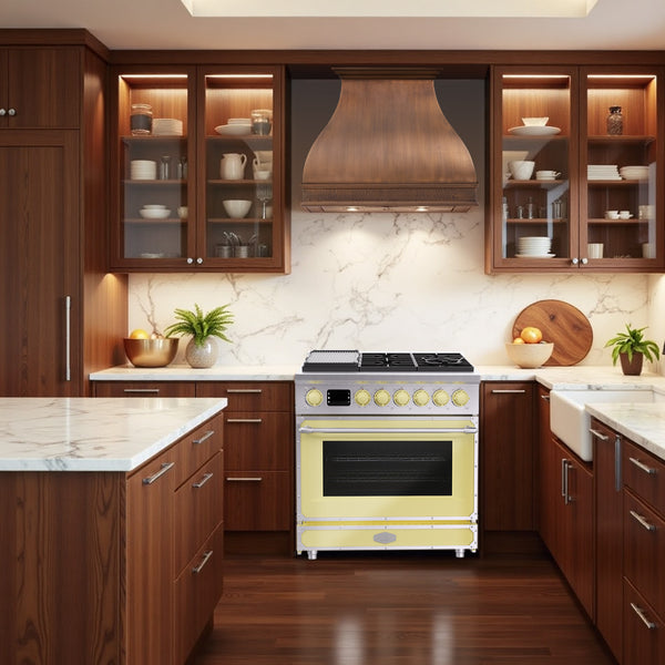 Luchar 36" Professional Custom Style Gas Range with 5.2 Cu. Ft. Oven, 6 Burners, Convection Fan, Cast Iron Grates, Clock and Timer
