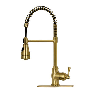 A brushed gold kitchen sink faucet with a pull down sprayer and a single handle, mounted on a white background.