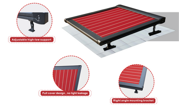 Electric retractable sunroom roof screen with features and specifications on a white background