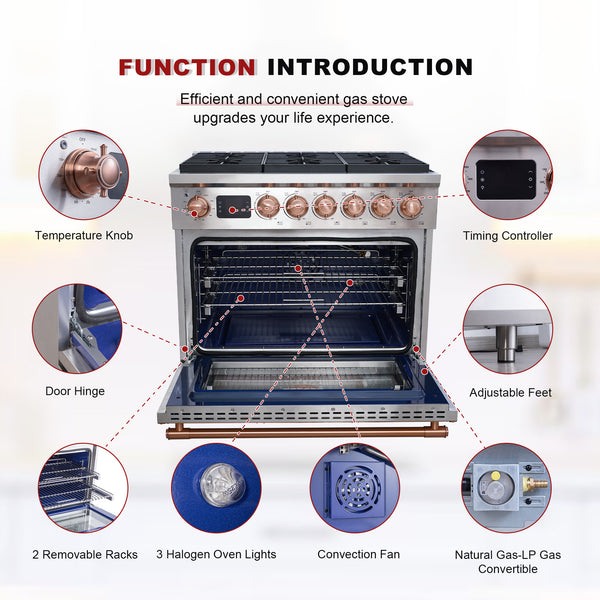 Luchar 36" Professional Custom Style Gas Range with 5.2 Cu. Ft. Oven, 6 Burners, Convection Fan, Cast Iron Grates, Clock and Timer
