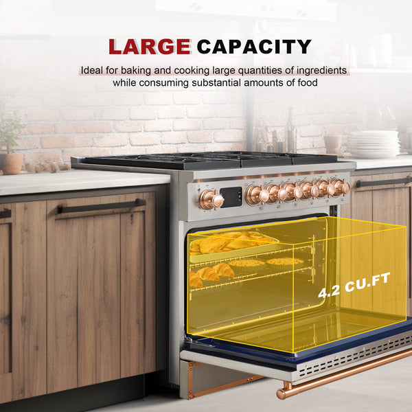 Luchar 36" Professional Custom Style Gas Range with 5.2 Cu. Ft. Oven, 6 Burners, Convection Fan, Cast Iron Grates, Clock and Timer