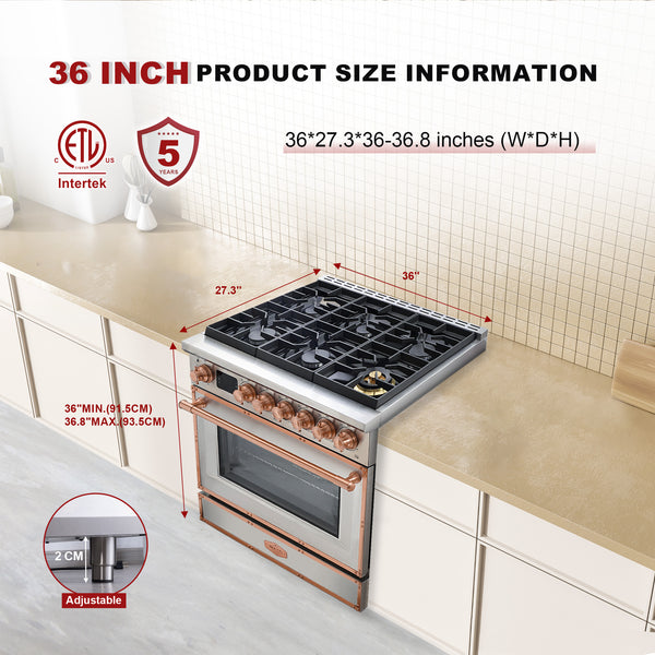 Luchar 36" Professional Custom Style Gas Range with 5.2 Cu. Ft. Oven, 6 Burners, Convection Fan, Cast Iron Grates, Clock and Timer