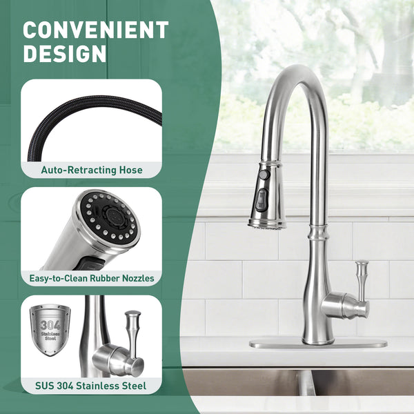 Kitchen Stainless Sink Faucet with Pull Down Sprayer, Single Handle, Single Hole Mount, Extendable Sprayer Head, Modern Design