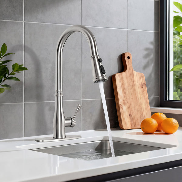 Kitchen Stainless Sink Faucet with Pull Down Sprayer, Single Handle, Single Hole Mount, Extendable Sprayer Head, Modern Design