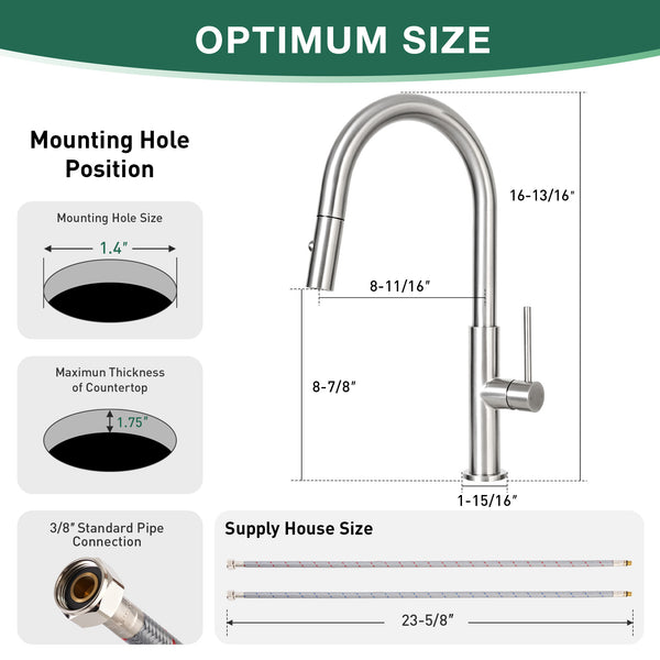 Durable Stainless Steel Kitchen Faucet, Pull-Out Head, Flexible Hose, CUPC Certified, Multiple Finishes