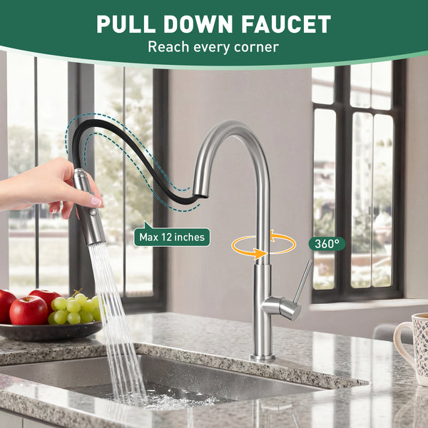 Durable Stainless Steel Kitchen Faucet, Pull-Out Head, Flexible Hose, CUPC Certified, Multiple Finishes
