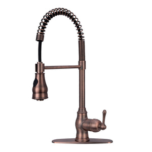 Antique bronze kitchen sink faucet with a pull down sprayer and a lever handle, deck mounted.