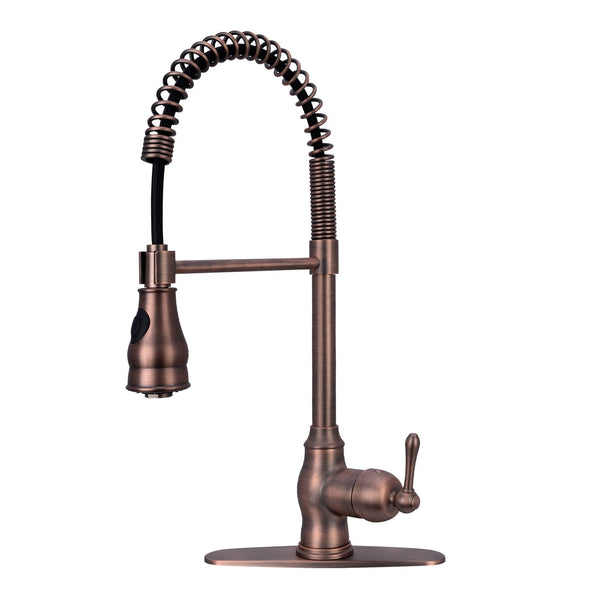 Antique bronze kitchen sink faucet with a pull down sprayer and a lever handle, deck mounted.