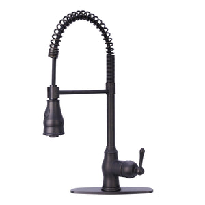 Oil Rubbed Bronze Kitchen Faucet with a pull-down sprayer and a single lever handle.