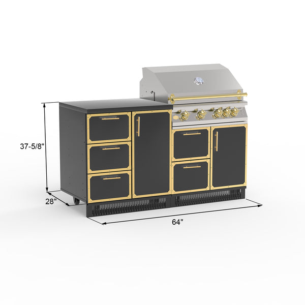 A 3-piece outdoor kitchen cabinet set with a grill on the right side, featuring a black stainless steel frame with gold accents, multiple drawers, and a closed door.
