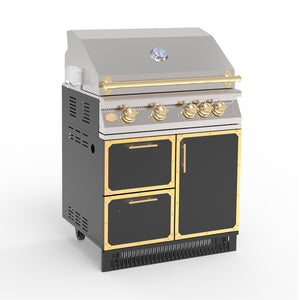 A 32 inch stainless steel outdoor kitchen grill with cabinet and storage drawers, predominantly black with gold accents.