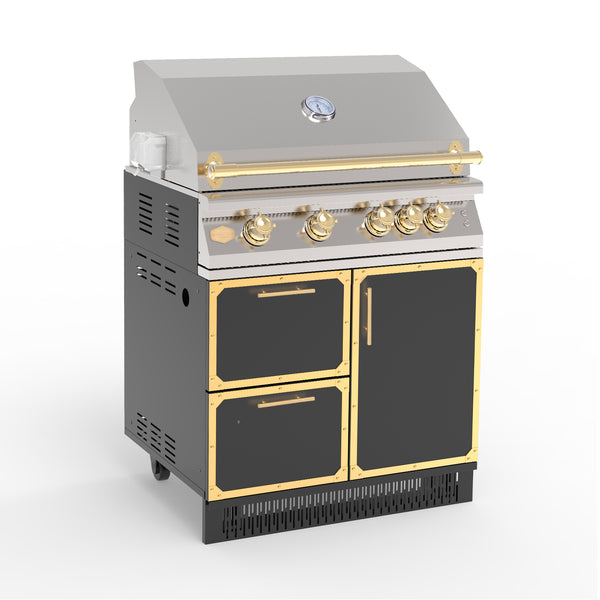 A 32 inch stainless steel outdoor kitchen grill with cabinet and storage drawers, predominantly black with gold accents.