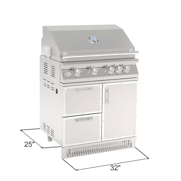 A 32 inch stainless steel outdoor kitchen grill with a cabinet and storage space.