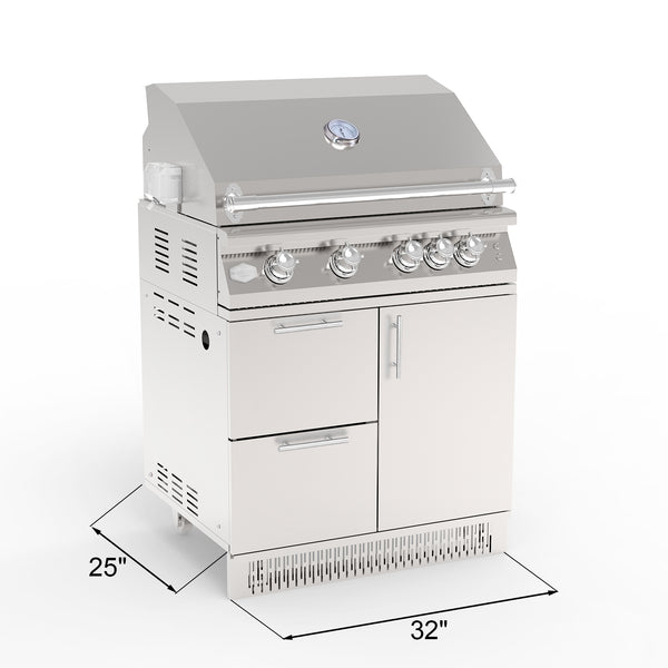 A 32 inch stainless steel outdoor kitchen grill with a cabinet and storage drawers.