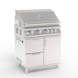 A 32 inch stainless steel outdoor kitchen grill with a cabinet and storage drawers.