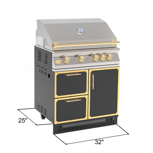 A 32 inch stainless steel outdoor kitchen grill with cabinet and storage drawers, predominantly black with gold accents.