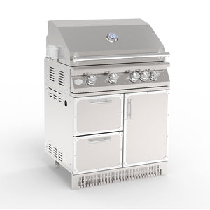 A 32 inch stainless steel outdoor kitchen grill with a cabinet and storage space.