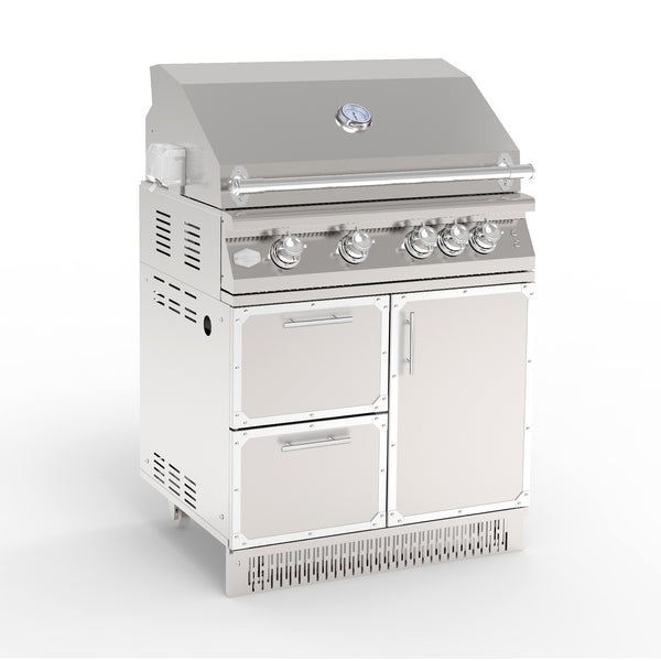 A 32 inch stainless steel outdoor kitchen grill with a cabinet and storage space.