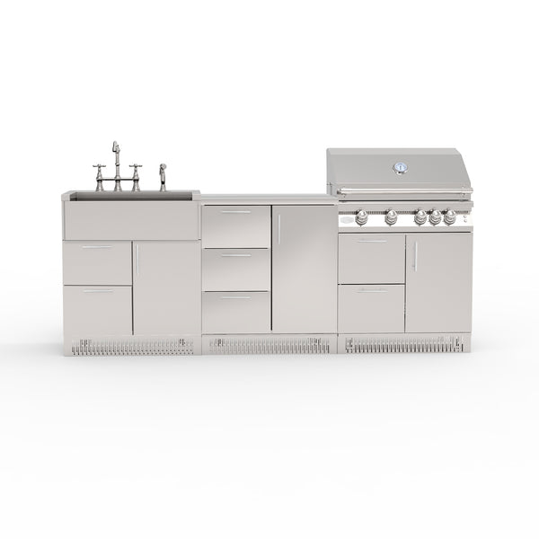 A 4-piece stainless steel outdoor kitchen cabinet set including a grill, sink, and storage cabinets with a 3-drawer and 1 door configuration.