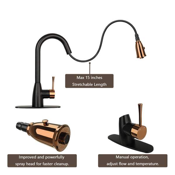 A Two-Tone Matte Black & Gold Pull Out Kitchen Faucet with Deck Plate, showing the faucet in a bent position with gold-colored accents and a single lever handle.