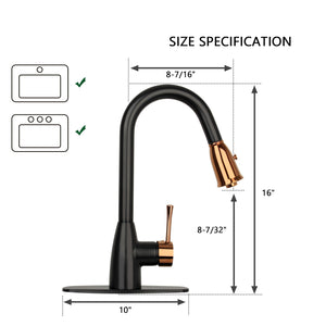 A Two-Tone Matte Black & Gold Pull Out Kitchen Faucet with Deck Plate, showing the faucet in a bent position with gold-colored accents and a single lever handle.