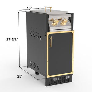 A black outdoor kitchen stainless steel dual side burner with a cabinet and gold trimmings.