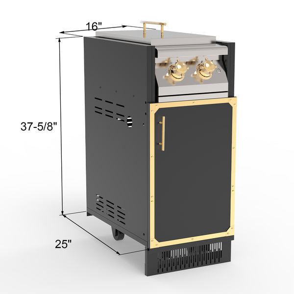 A black outdoor kitchen stainless steel dual side burner with a cabinet and gold trimmings.